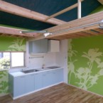 眞木孝輔氏によるウォールペイントが素晴らしい 濃紺の天井と草色の壁に葉が描かれてる部屋